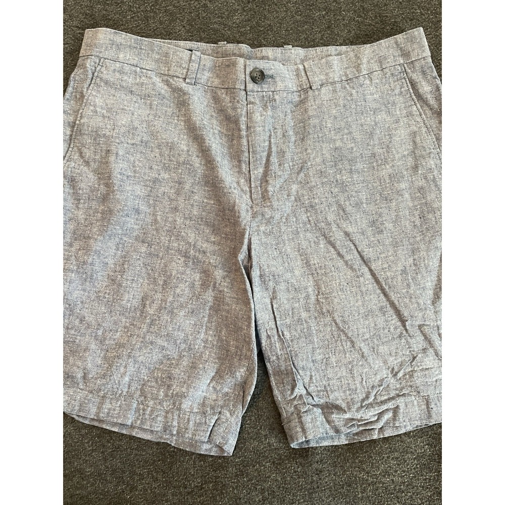 Perry Ellis Mens Blue Linen Cotton Blend Flat Front Shorts Size 34